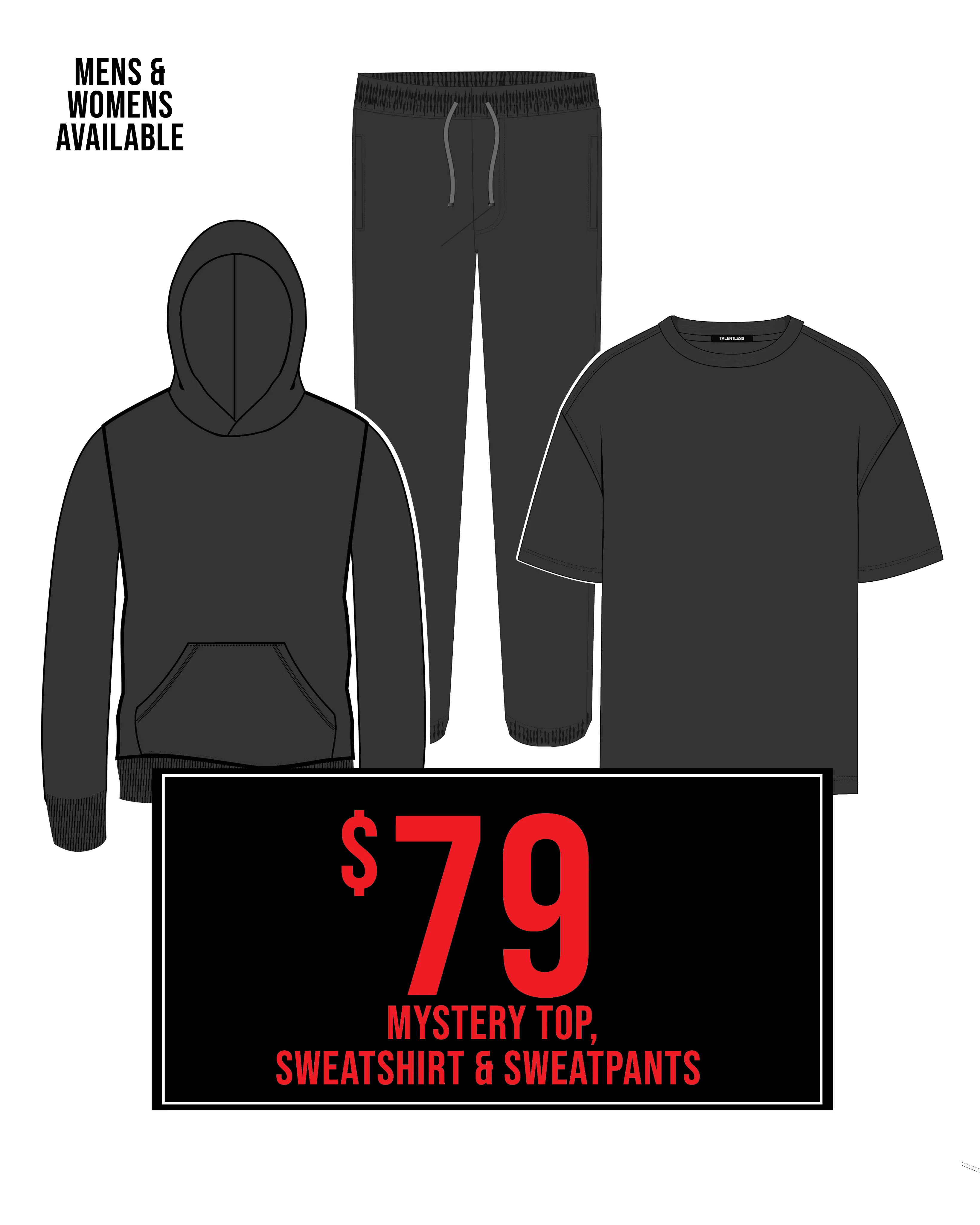 MYSTERY TOP, SWEATSHIRT & SWEATPANTS
